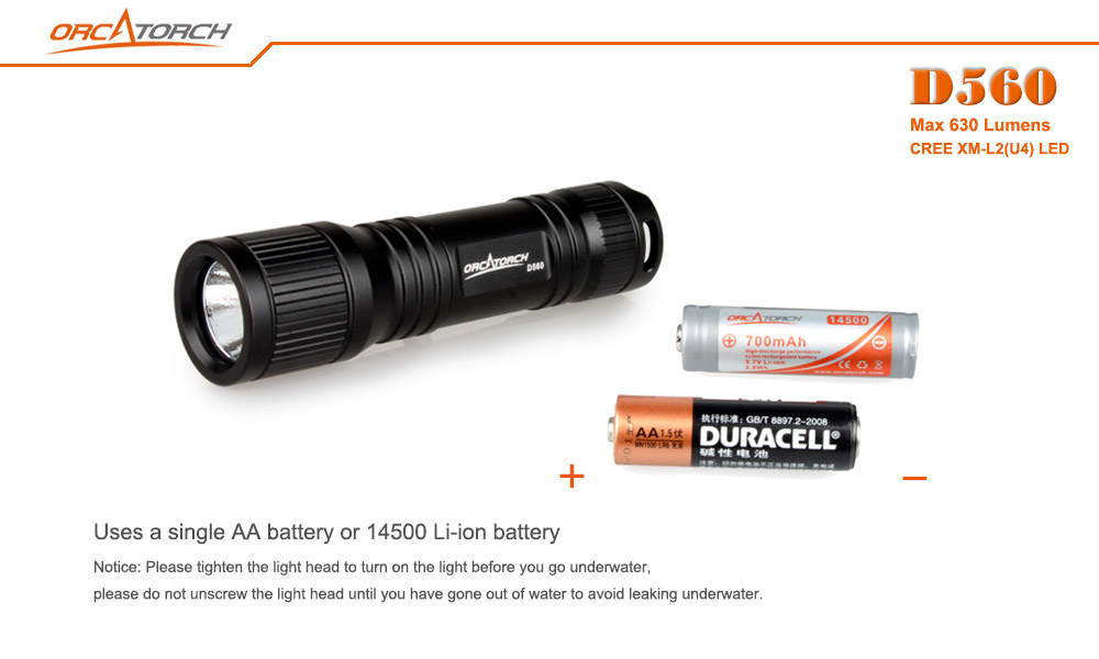 OrcaTorch D560 Dive Torch Compatible with AA Batteries and 14500 Batteries